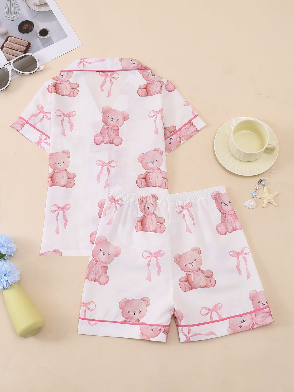 Girls' Short Sleeve Pajama Set with Button Front Shirt and Shorts in a Random Heart or Bear Print