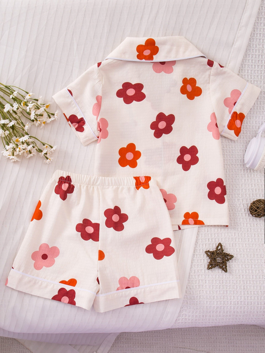 Girls' Printed Pajama Set with a Collared Short Sleeve Shirt and Matching Shorts in One Random Design