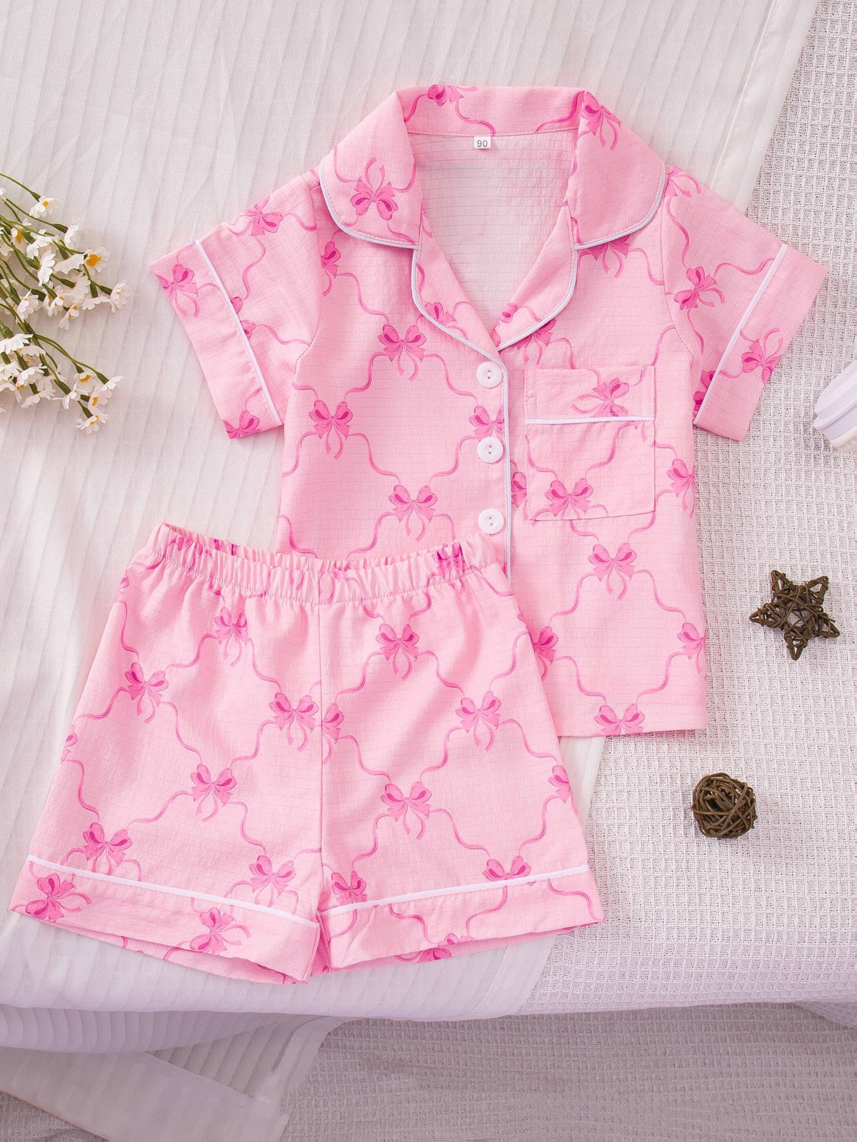Girls' Printed Pajama Set with a Collared Short Sleeve Shirt and Matching Shorts in One Random Design
