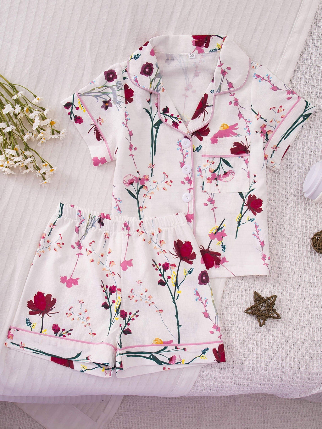 Girls' Printed Pajama Set with a Collared Short Sleeve Shirt and Matching Shorts in One Random Design