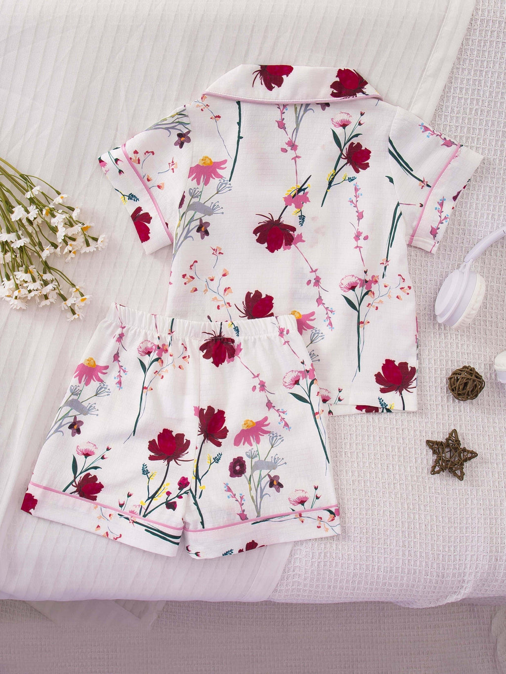 Girls' Printed Pajama Set with a Collared Short Sleeve Shirt and Matching Shorts in One Random Design