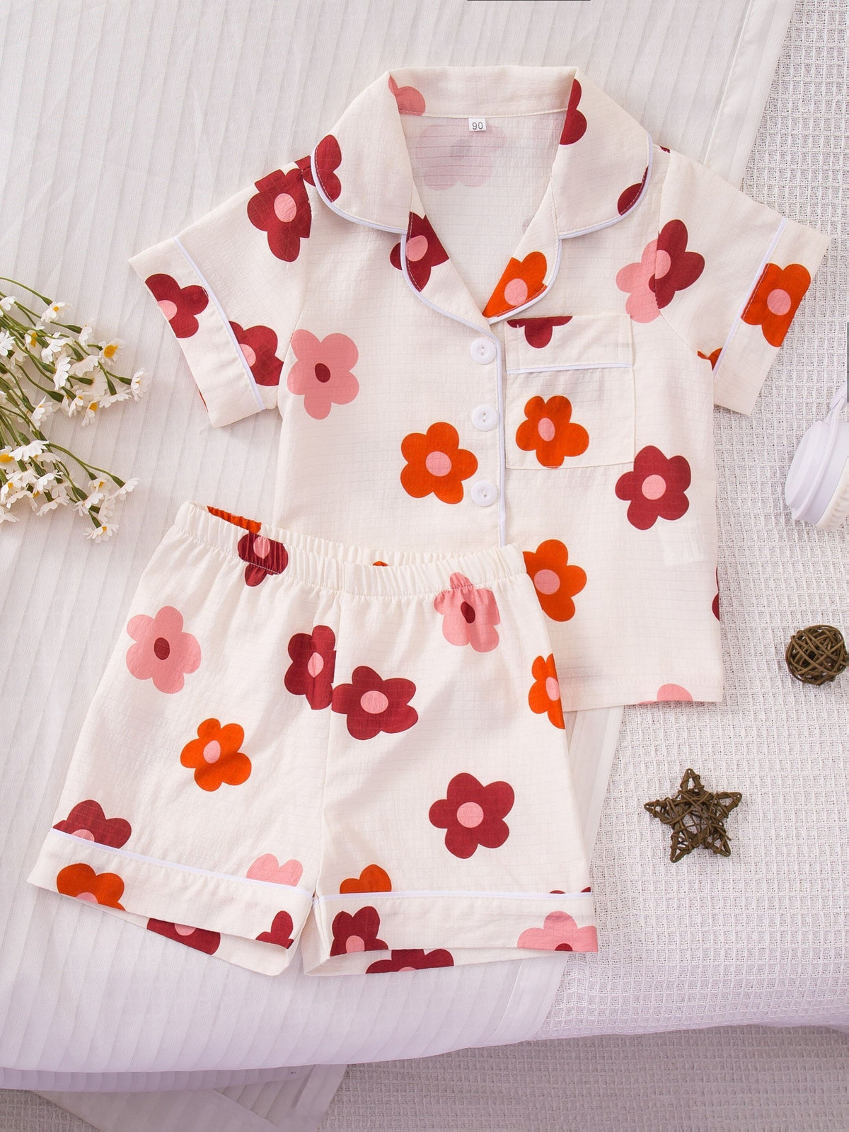 Girls' Printed Pajama Set with a Collared Short Sleeve Shirt and Matching Shorts in One Random Design