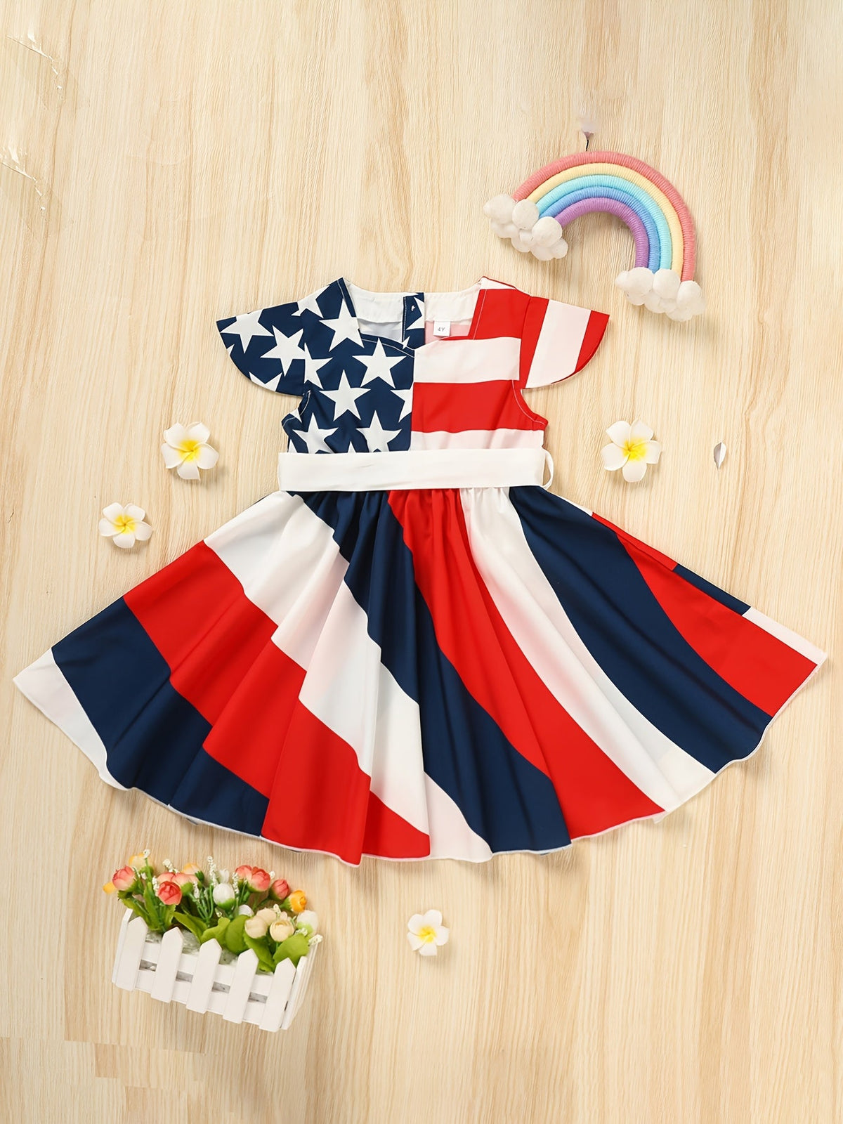 Girls' Stars and Stripes Twirl Dress in Red White and Blue with Short Sleeves for Fourth of July Outfits