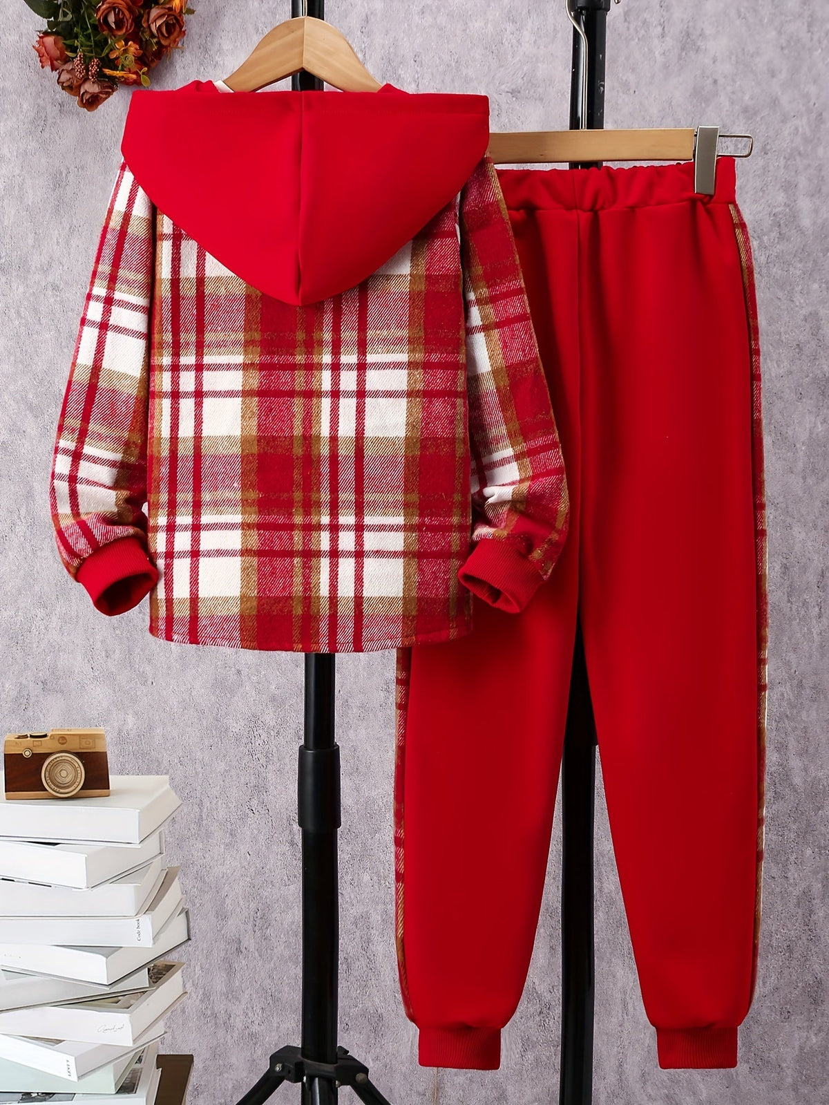 Girls' Plaid Outfit Set with a Hooded Button-Front Shirt and Matching Jogger Pants for Fall Casual Wear