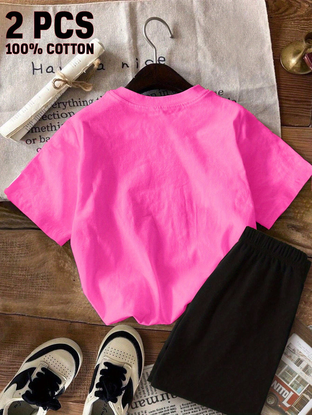 Girls' Pink Smiley T-Shirt and Shorts Set with a Checkerboard Graphic for Everyday Summer Play