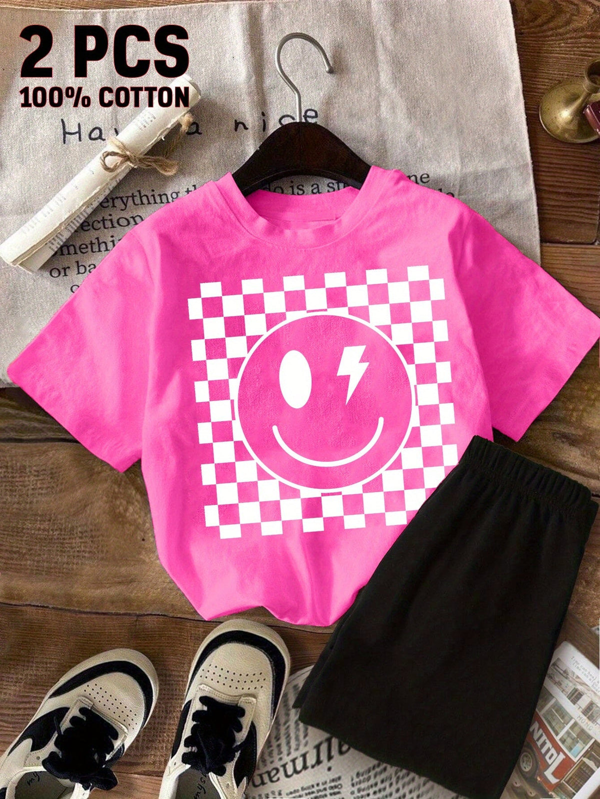 Girls' Pink Smiley T-Shirt and Shorts Set with a Checkerboard Graphic for Everyday Summer Play