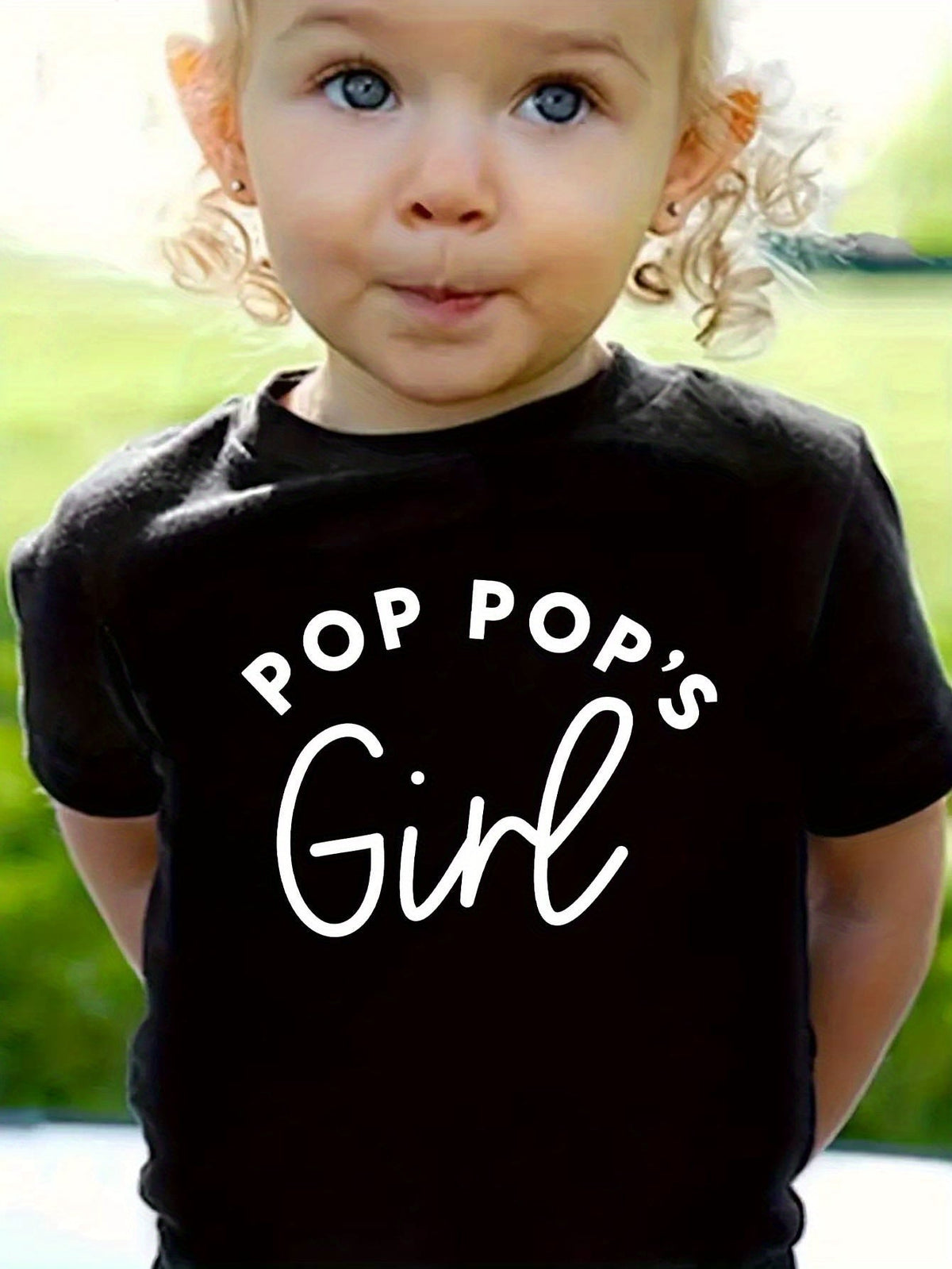 Girls' Pop Pop's Girl Cotton T-Shirt in Black with White Family Lettering for Everyday Casual Outfits