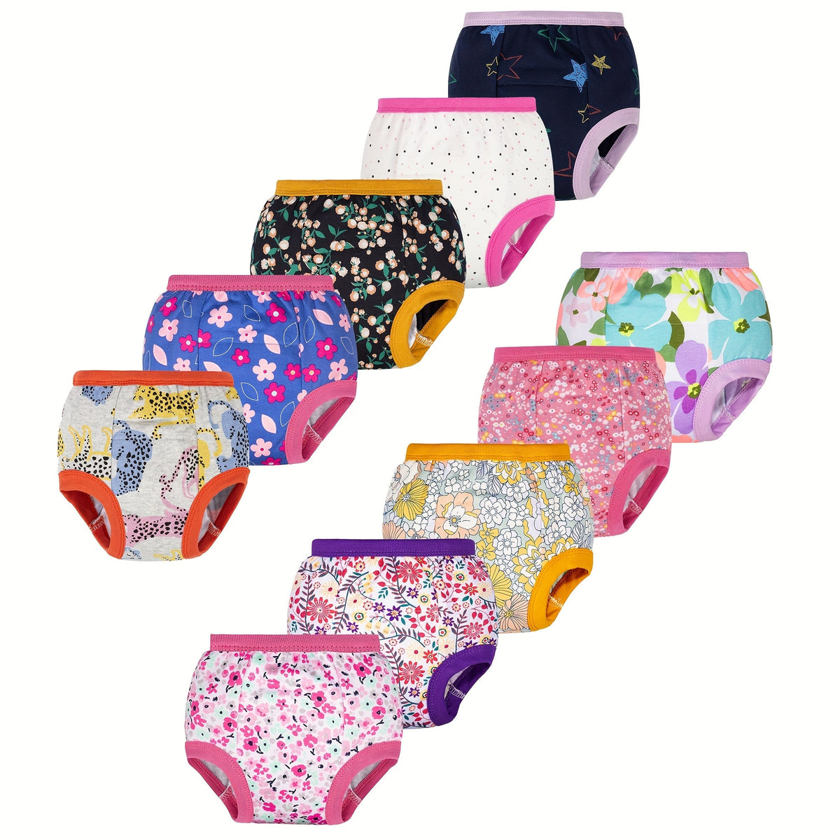 Girls' Ten-Pack Floral Potty Training Pants with Cotton Outer and Lining Layers for Daytime Changes