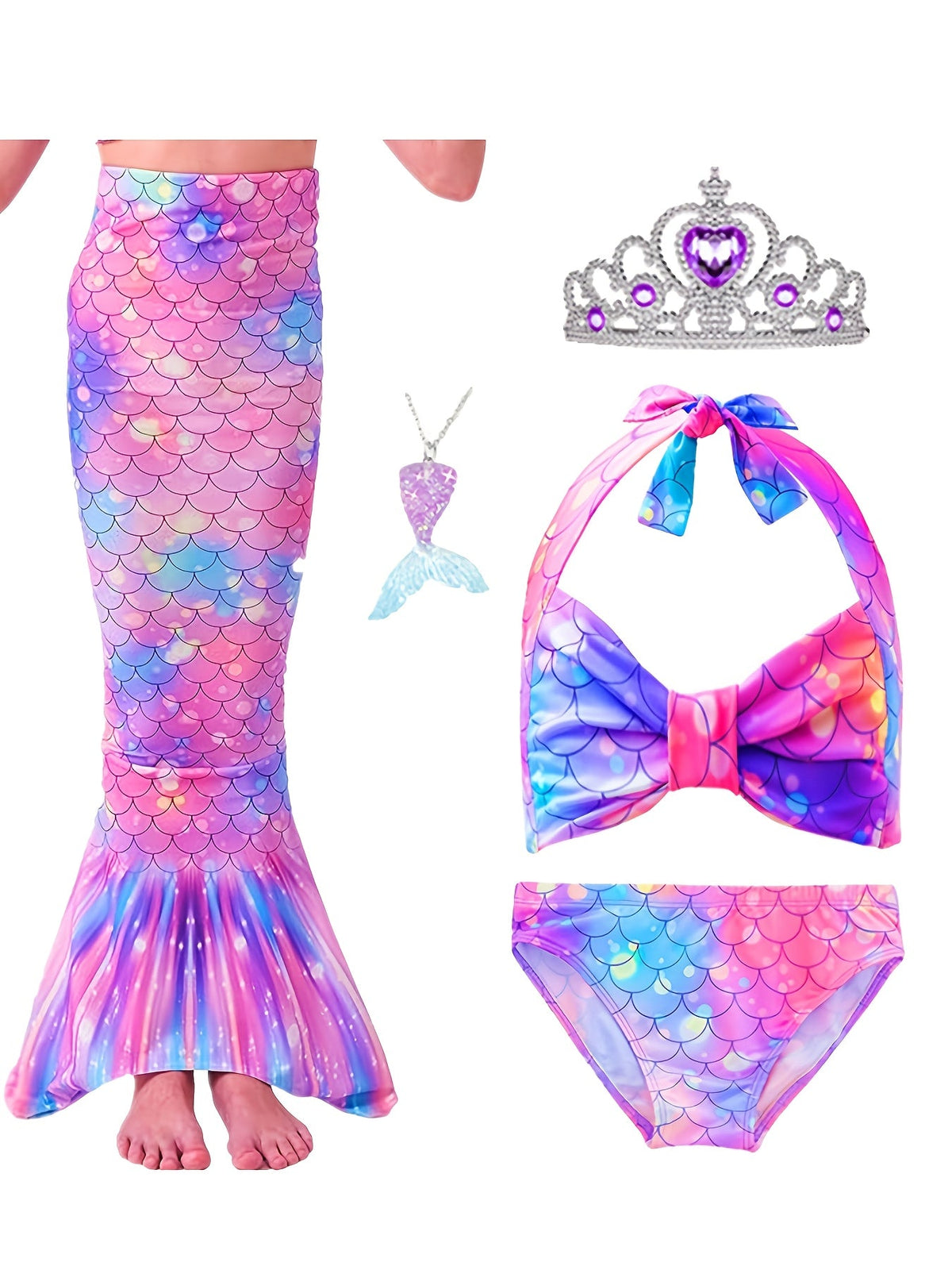 Girls' Mermaid Tail Costume 5-Piece Set with Matching Top and Briefs for Imaginative Dress-Up