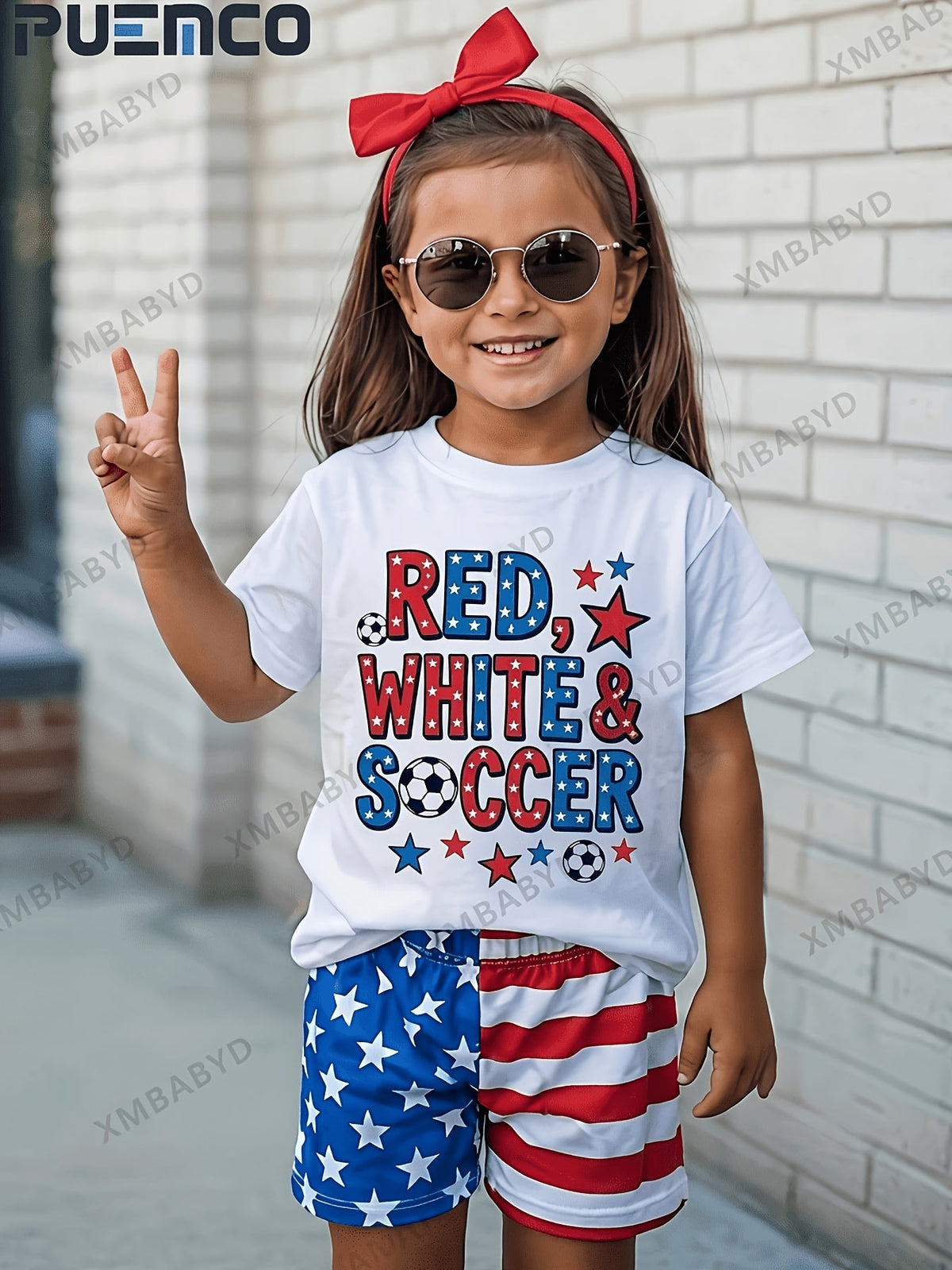 Girls' Patriotic and Soccer Graphic T-Shirt with Short Sleeves for Fourth of July and Casual Outfits