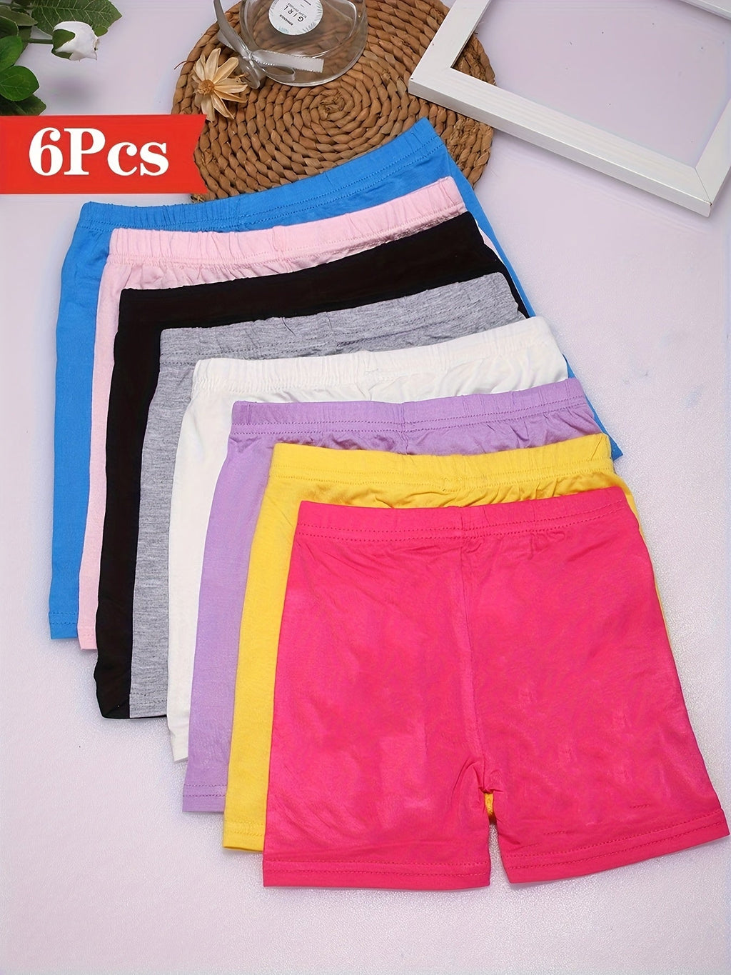 Girls' Modal Layering Shorts 6-Pack in Random Solid Colors with Elastic Waists for Under-Dress Outfits