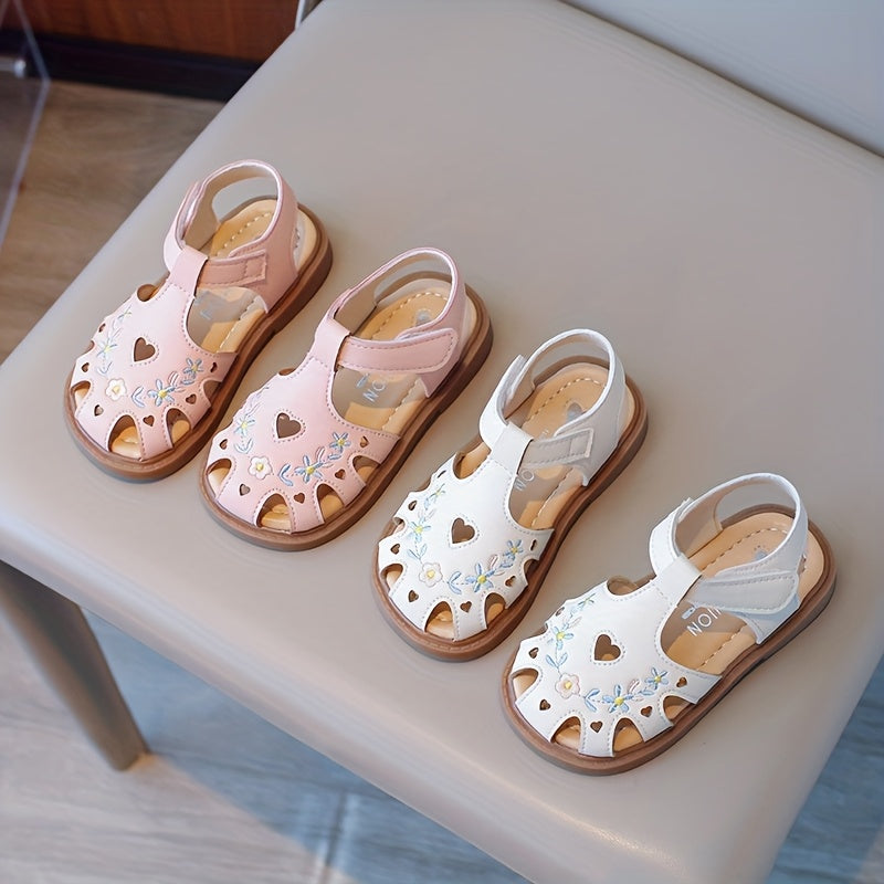 Girls' Beige Closed Toe Sandals with Floral Designs and Heart Cutouts for Sweet Summer Outfits