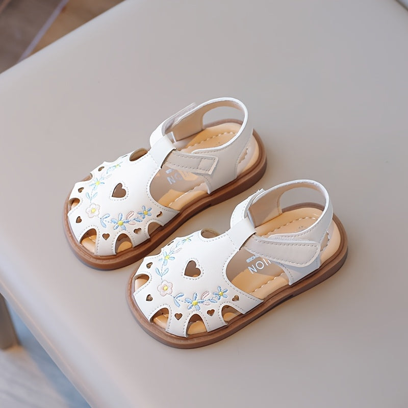 Girls' Beige Closed Toe Sandals with Floral Designs and Heart Cutouts for Sweet Summer Outfits