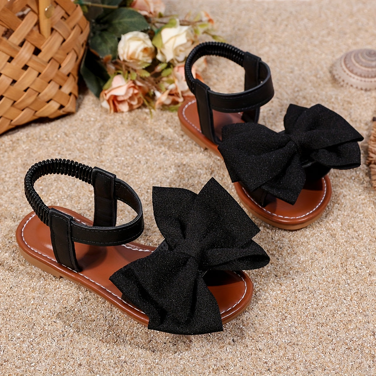 Girls' Flat Bow Sandals with Elastic Back Strap in Black or White for Summer Dresses and Casual Outfits