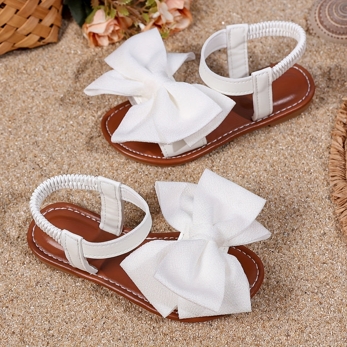 Girls' Flat Bow Sandals with Elastic Back Strap in Black or White for Summer Dresses and Casual Outfits