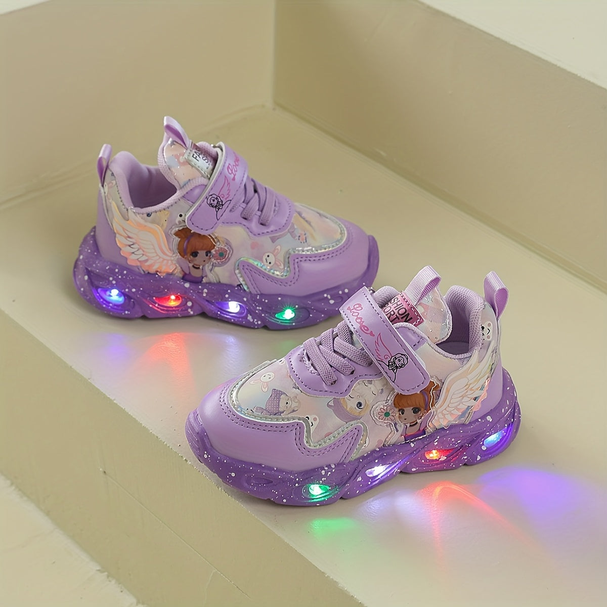 Girls' Light-Up Sneakers with Cartoon Wing Details and Colorful LED Soles in Pink or Purple for Playful Outfits