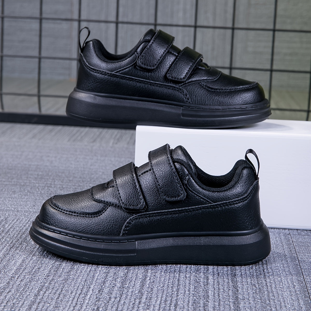 Double Strap Sneakers for Girls with Plain Paneled Uppers and Rear Pull Loops in White or Black