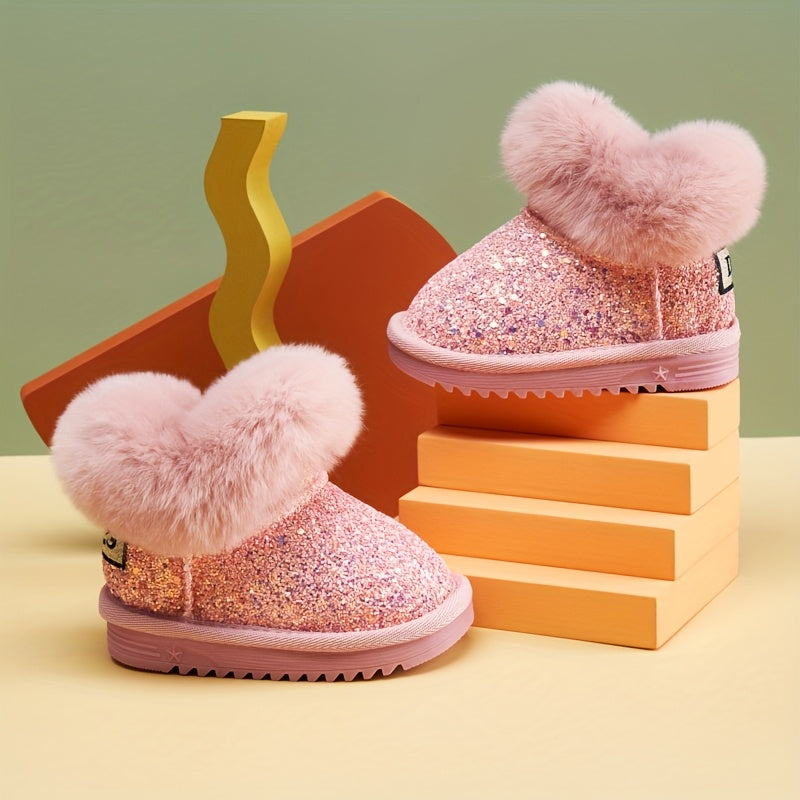 Girls' Glitter Snow Boots with Fluffy Cuffs and Rounded Toes in Black, Pink or Purple for Winter Wear