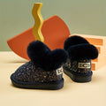 Girls' Glitter Snow Boots with Fluffy Cuffs and Rounded Toes in Black, Pink or Purple for Winter Wear