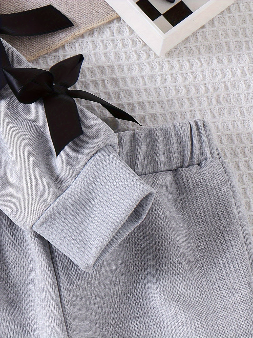 Baby Girls' Gray Sweatshirt and Pants Set with Black Bow Sleeves and Ribbed Cuffs for Everyday Wear