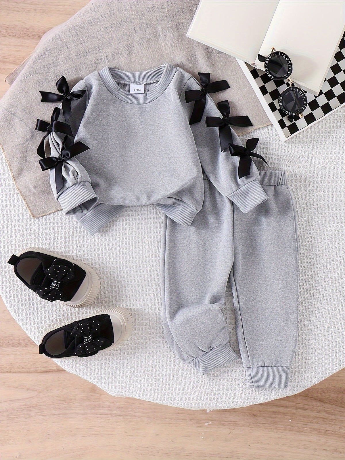 Baby Girls' Gray Sweatshirt and Pants Set with Black Bow Sleeves and Ribbed Cuffs for Everyday Wear