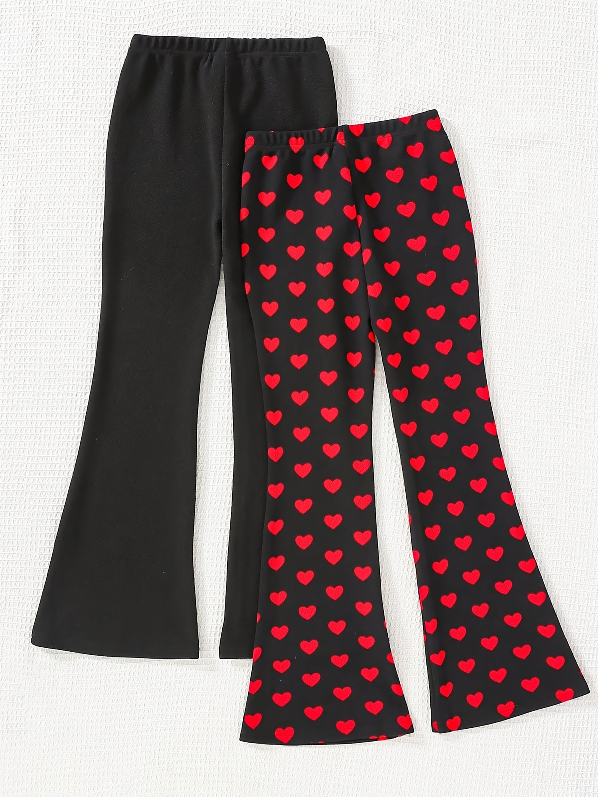 Girls' Flare Pants Two-Pack with Solid Black and Heart Print Designs for Everyday Casual Outfits