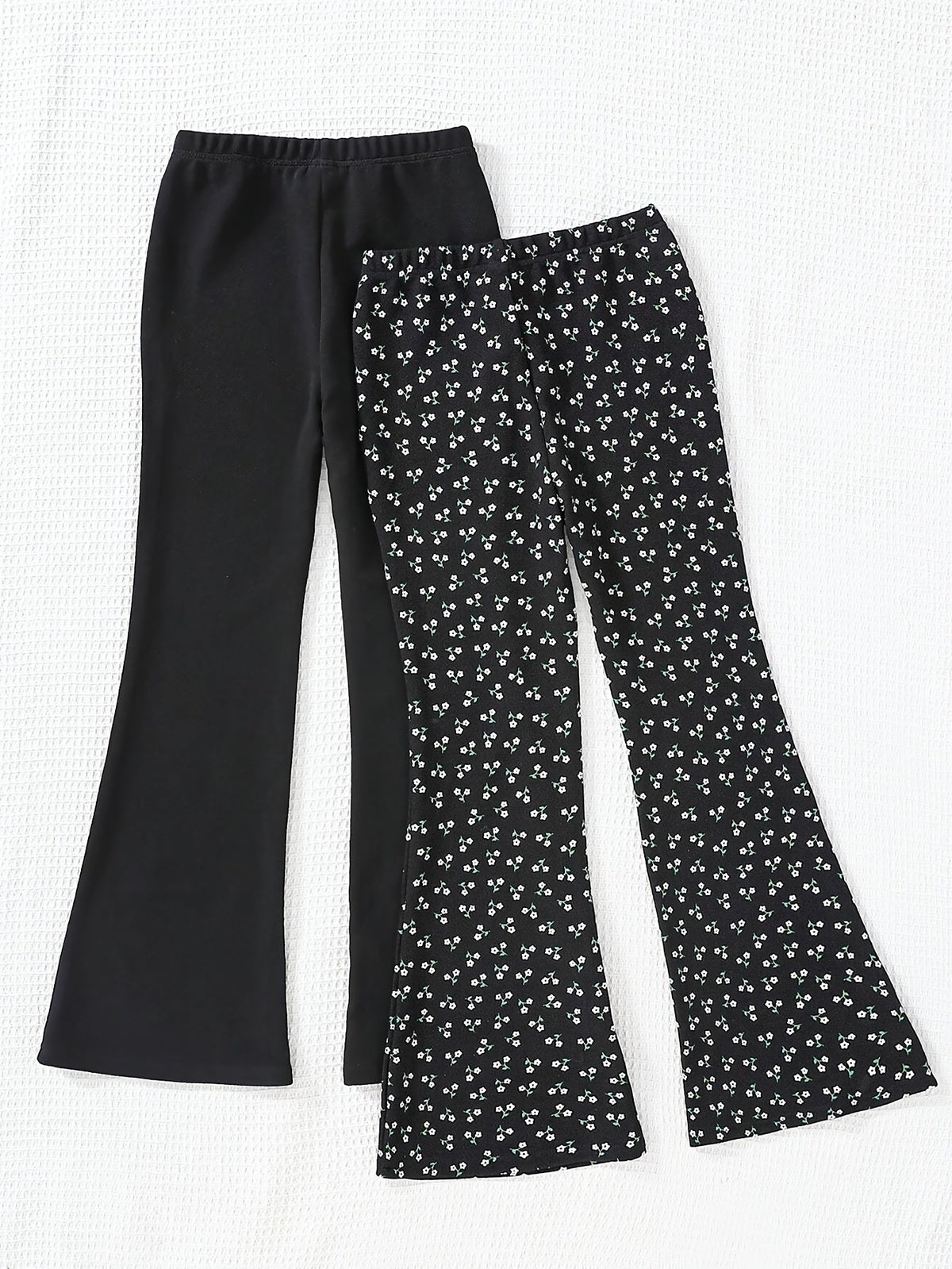 Girls' Flare Pants Two-Pack with Solid Black and Heart Print Designs for Everyday Casual Outfits