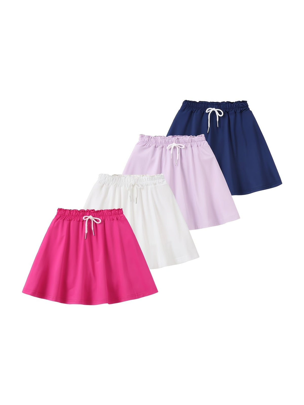 Girls Skorts Four-Pack with Inner Shorts and Drawstring Elastic Waists for Summer Everyday Outfits