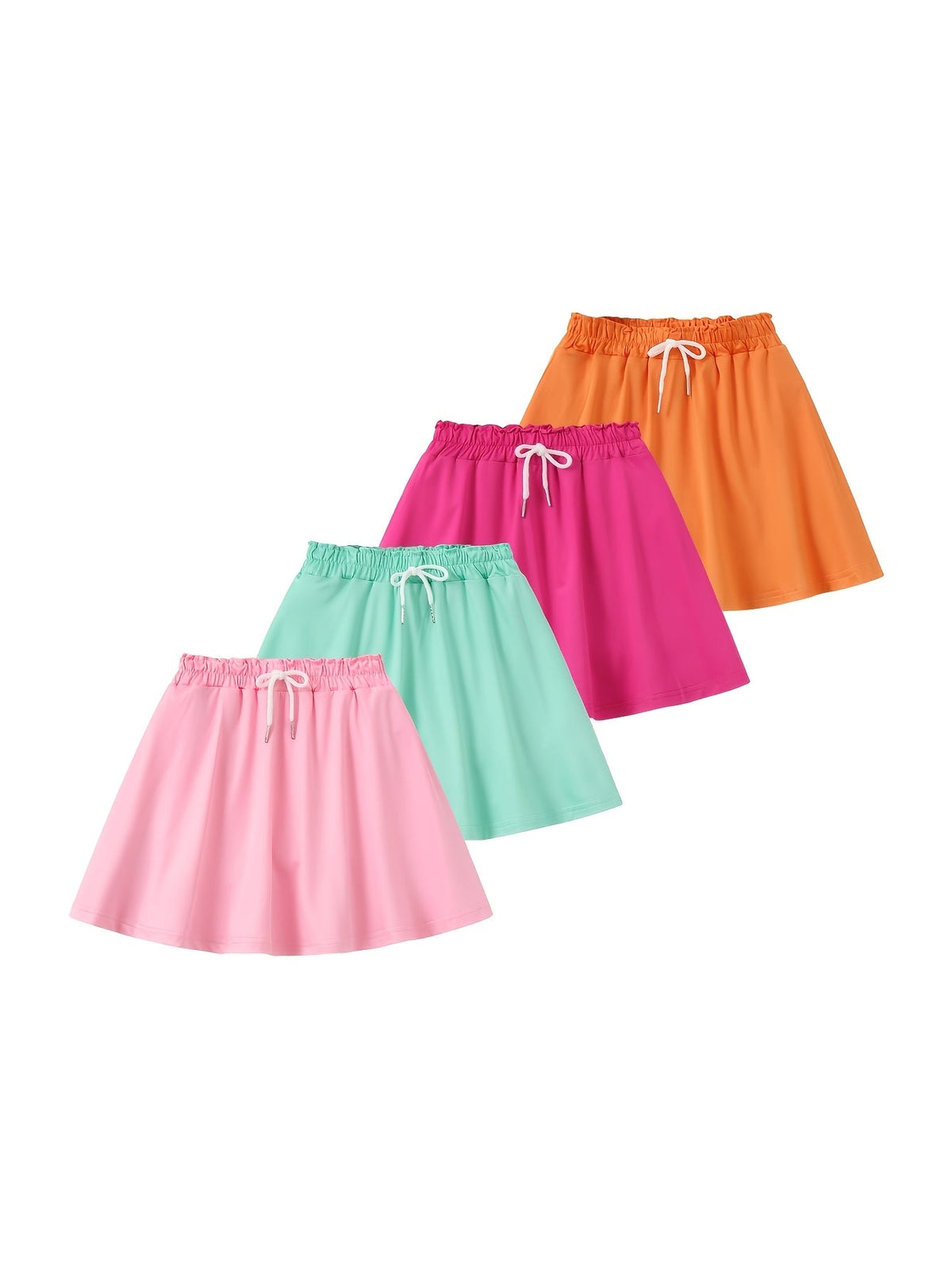 Girls Skorts Four-Pack with Inner Shorts and Drawstring Elastic Waists for Summer Everyday Outfits