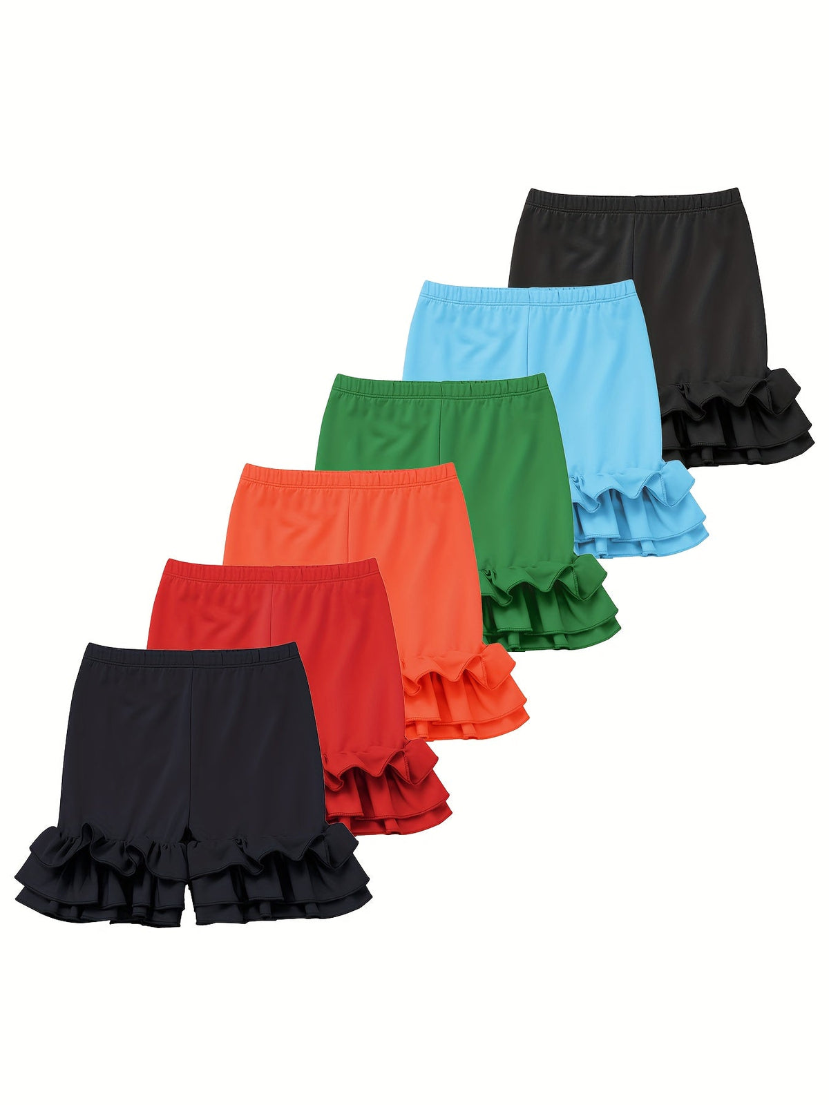 Girls' Ruffle Hem Shorts Six Pack in Solid Colors with Elastic Waists for Playful Summer Outfits
