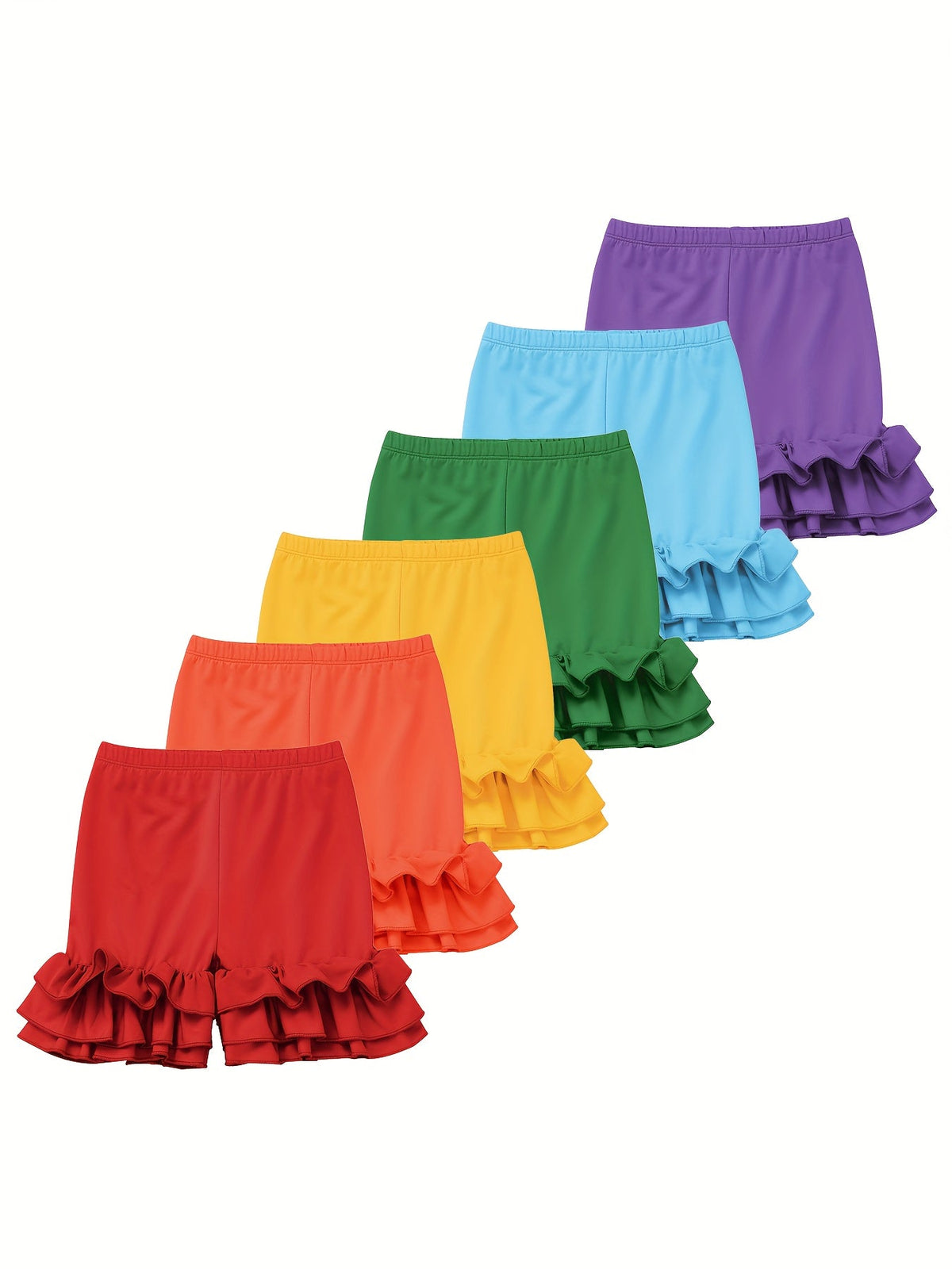 Girls' Ruffle Hem Shorts Six Pack in Solid Colors with Elastic Waists for Playful Summer Outfits