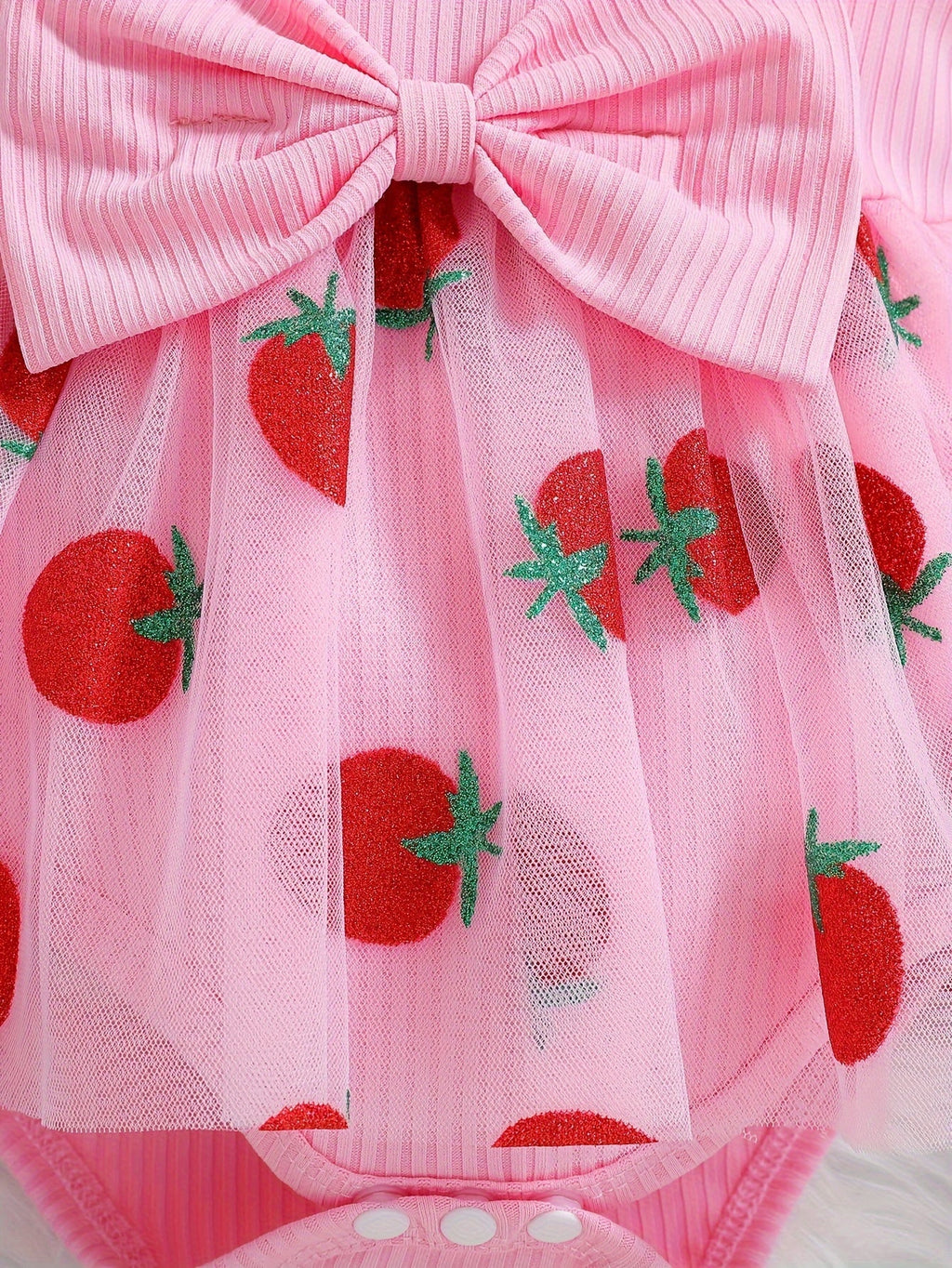 Baby Girls' Strawberry Skirted Bodysuit in Pink with Long Sleeves and a Front Bow for Dressy Outings