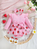 Baby Girls' Strawberry Skirted Bodysuit in Pink with Long Sleeves and a Front Bow for Dressy Outings