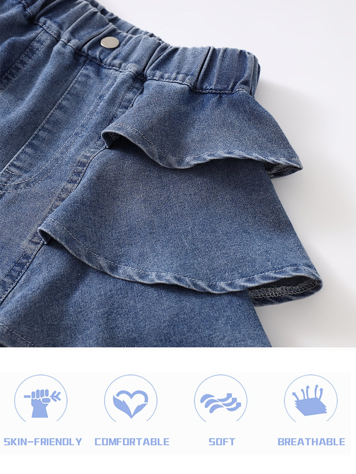 Girls' Denim Shorts with Tiered Ruffles and an Elastic Waist for Textured Summer Outfits and Casual Wear