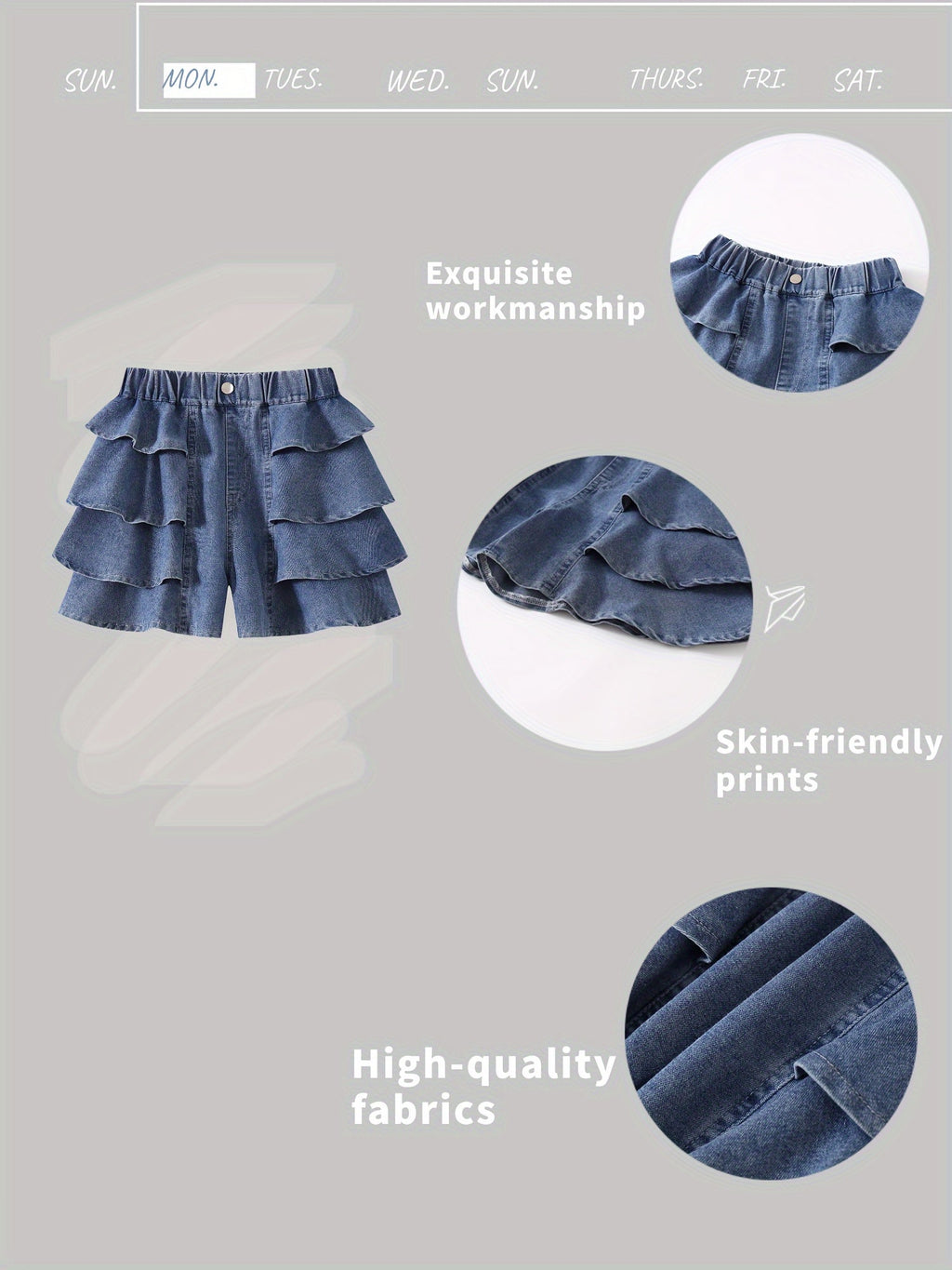 Girls' Denim Shorts with Tiered Ruffles and an Elastic Waist for Textured Summer Outfits and Casual Wear