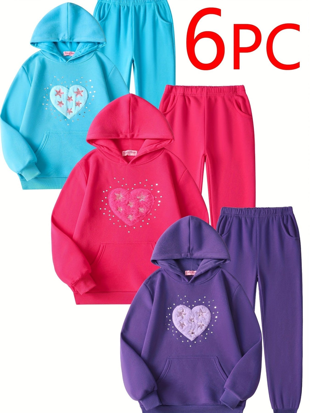 Girls' Heart Hoodie and Jogger Sets 6-Piece Pack in Blue, Pink and Purple for Fall and Winter Outfits