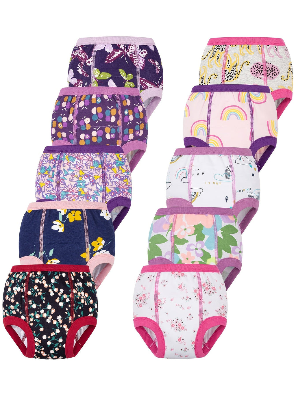 Girls' Potty Training Pants Ten-Pack with Assorted Prints and Contrast Trim for Supervised Toilet Training