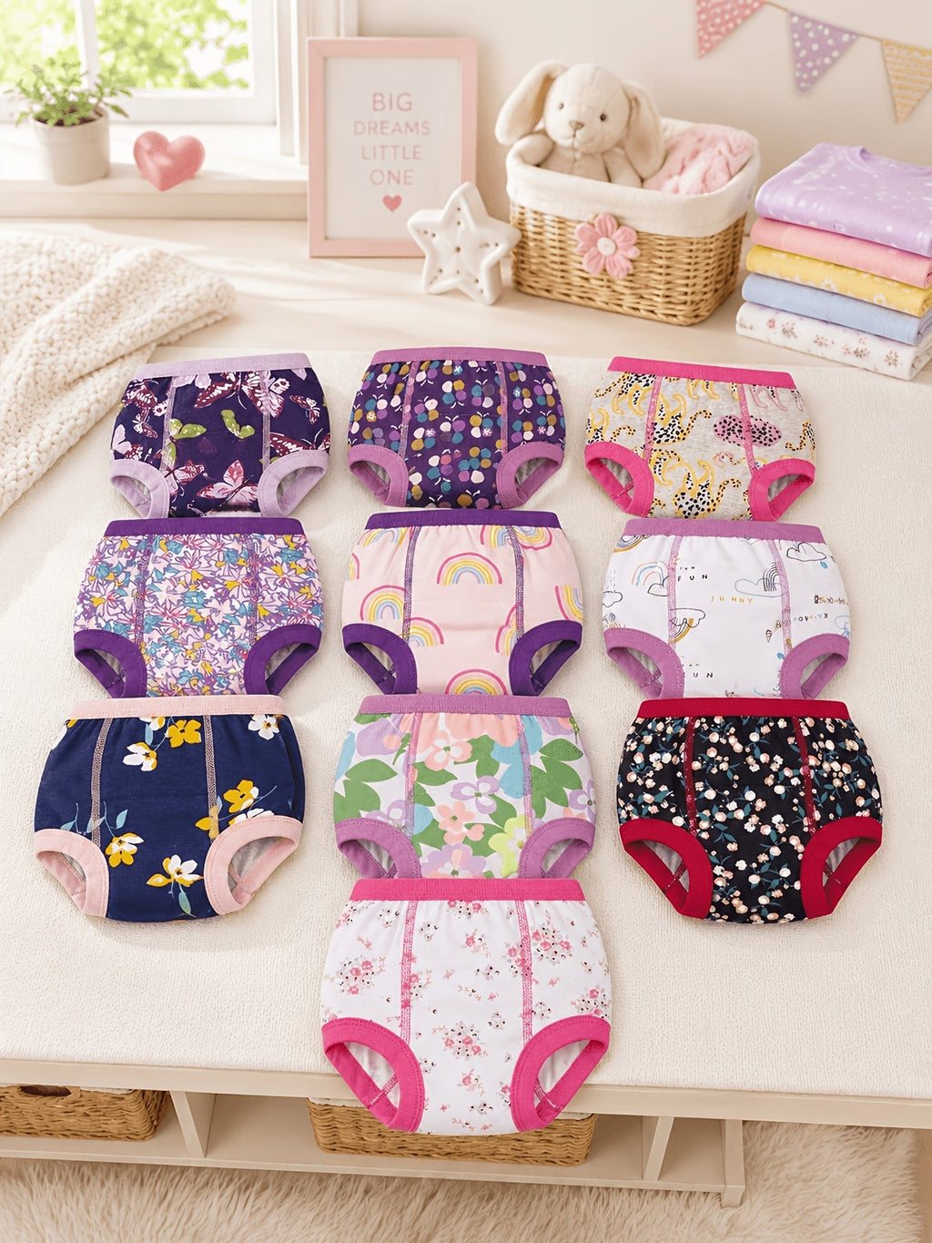 Girls' Potty Training Pants Ten-Pack with Assorted Prints and Contrast Trim for Supervised Toilet Training