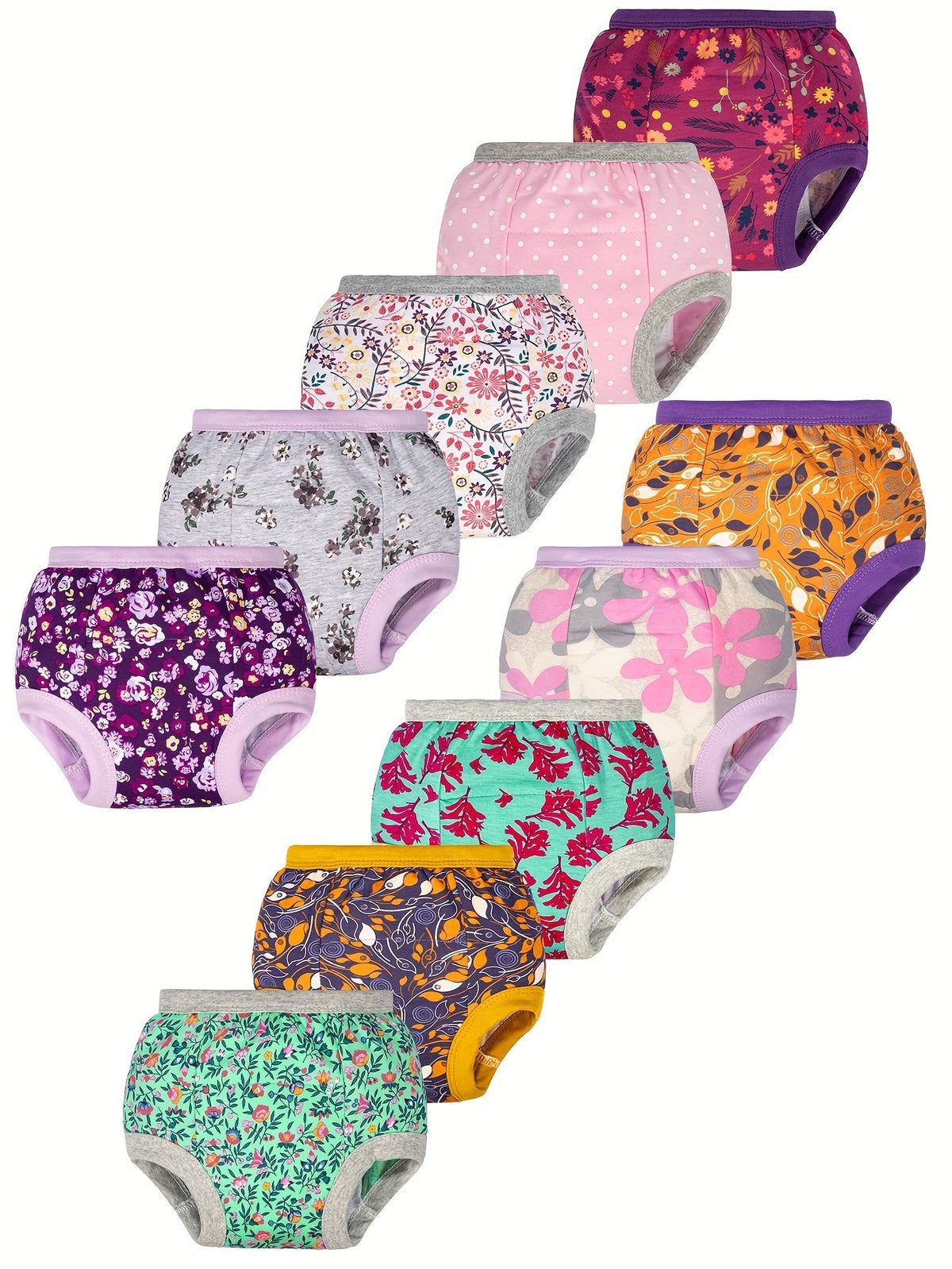 Girls' Potty Training Pants Ten-Pack with Assorted Prints and Contrast Trim for Supervised Toilet Training
