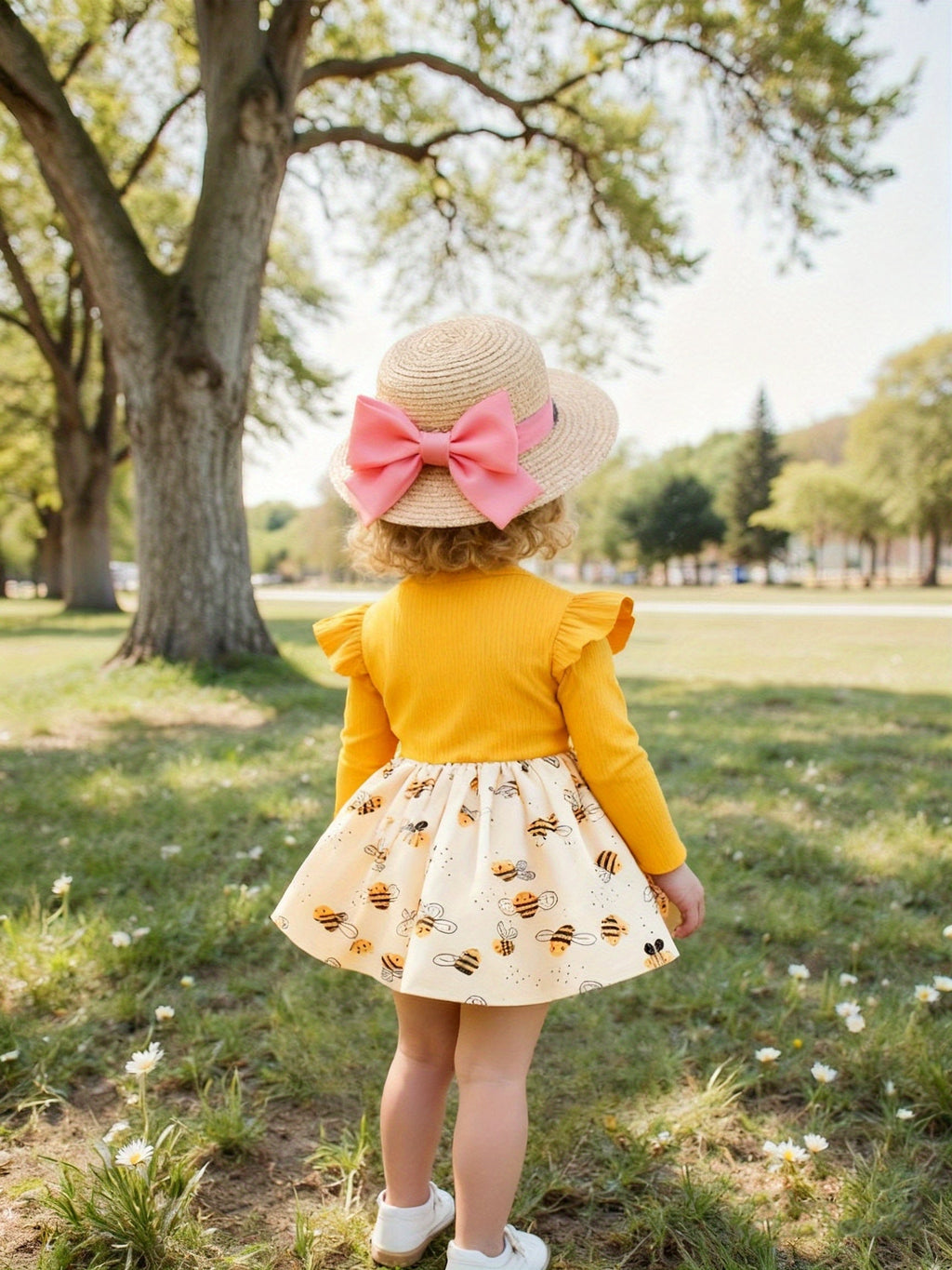 Girls' Bee Print Dress in Yellow with Ruffle Shoulders and Long Sleeves for Spring and Fall Outfits