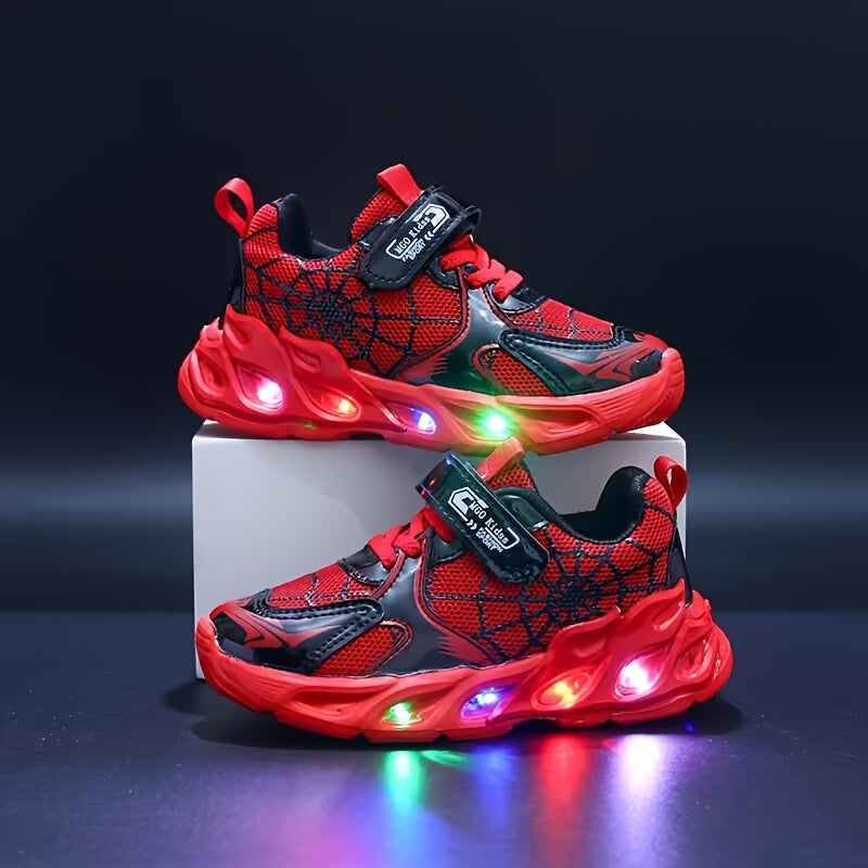 Spiderweb Light Up Sneakers for Kids with Colorful Sole Lights and Instep Straps in Red or Blue