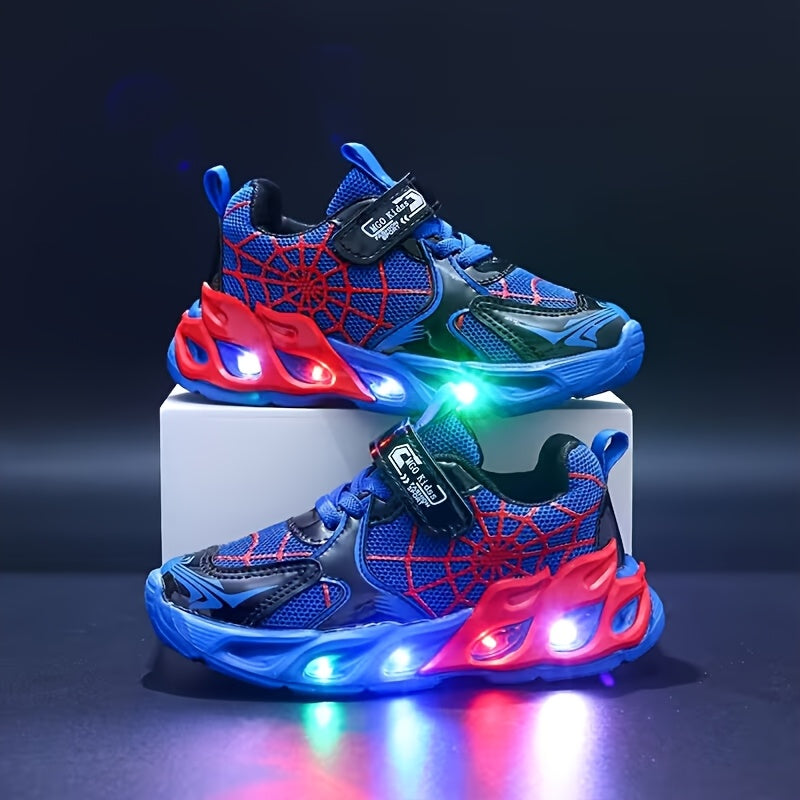 Spiderweb Light Up Sneakers for Kids with Colorful Sole Lights and Instep Straps in Red or Blue