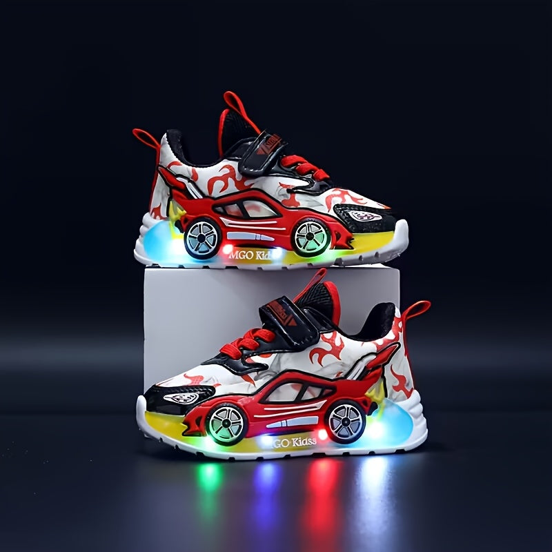 Kids' Light-Up Sneakers with Race-Car Side Details and Flame Graphics in Red or Blue for a Playful Look