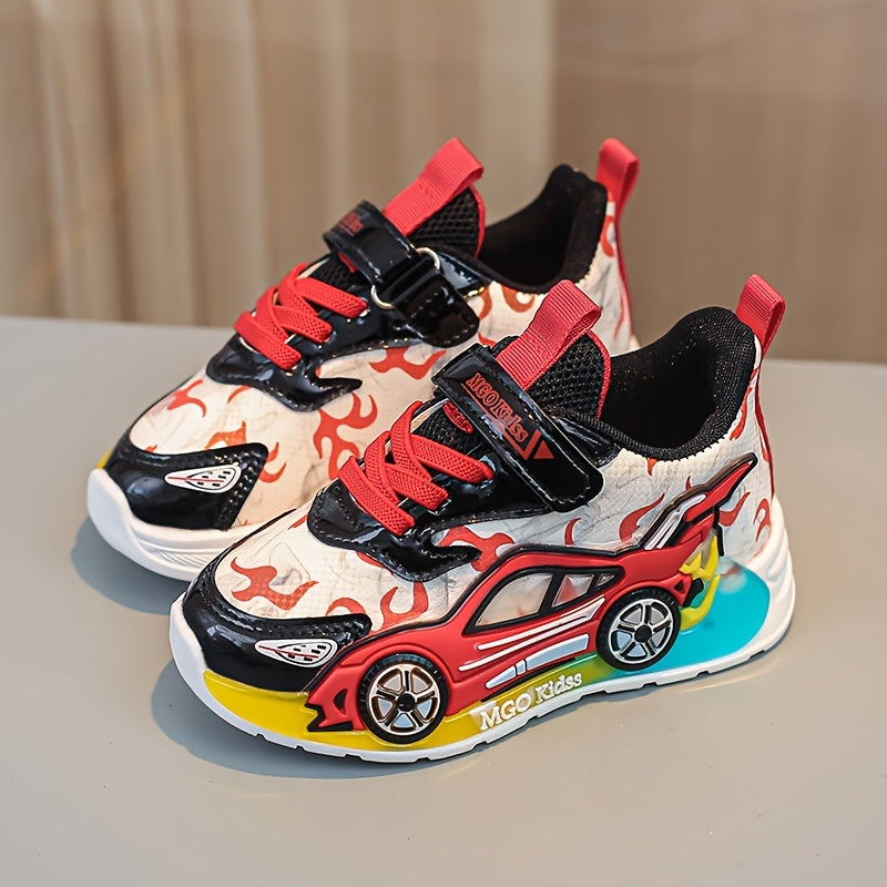 Kids' Light-Up Sneakers with Race-Car Side Details and Flame Graphics in Red or Blue for a Playful Look