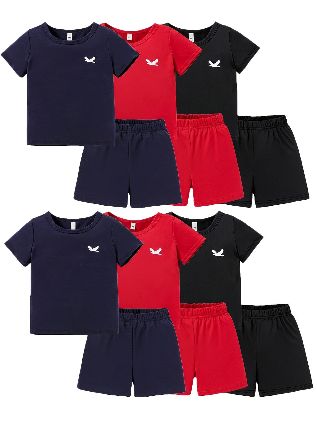 Kids' Twelve-Piece Summer Outfit Set with Six Crew Neck T-Shirts and Six Matching Elastic Waist Shorts