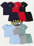 Kids' Twelve-Piece Summer Outfit Set with Six Crew Neck T-Shirts and Six Matching Elastic Waist Shorts