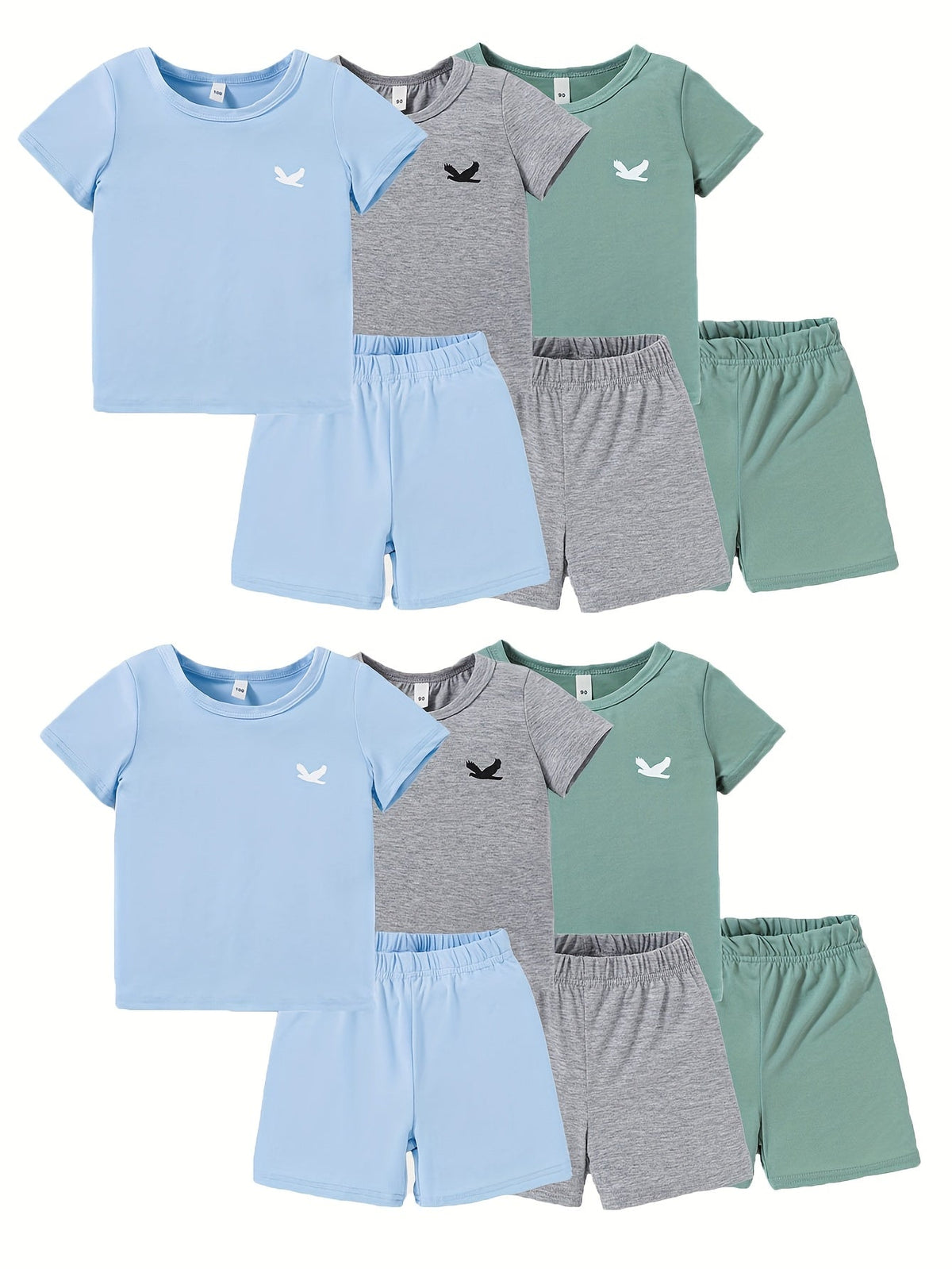 Kids' Twelve-Piece Summer Outfit Set with Six Crew Neck T-Shirts and Six Matching Elastic Waist Shorts
