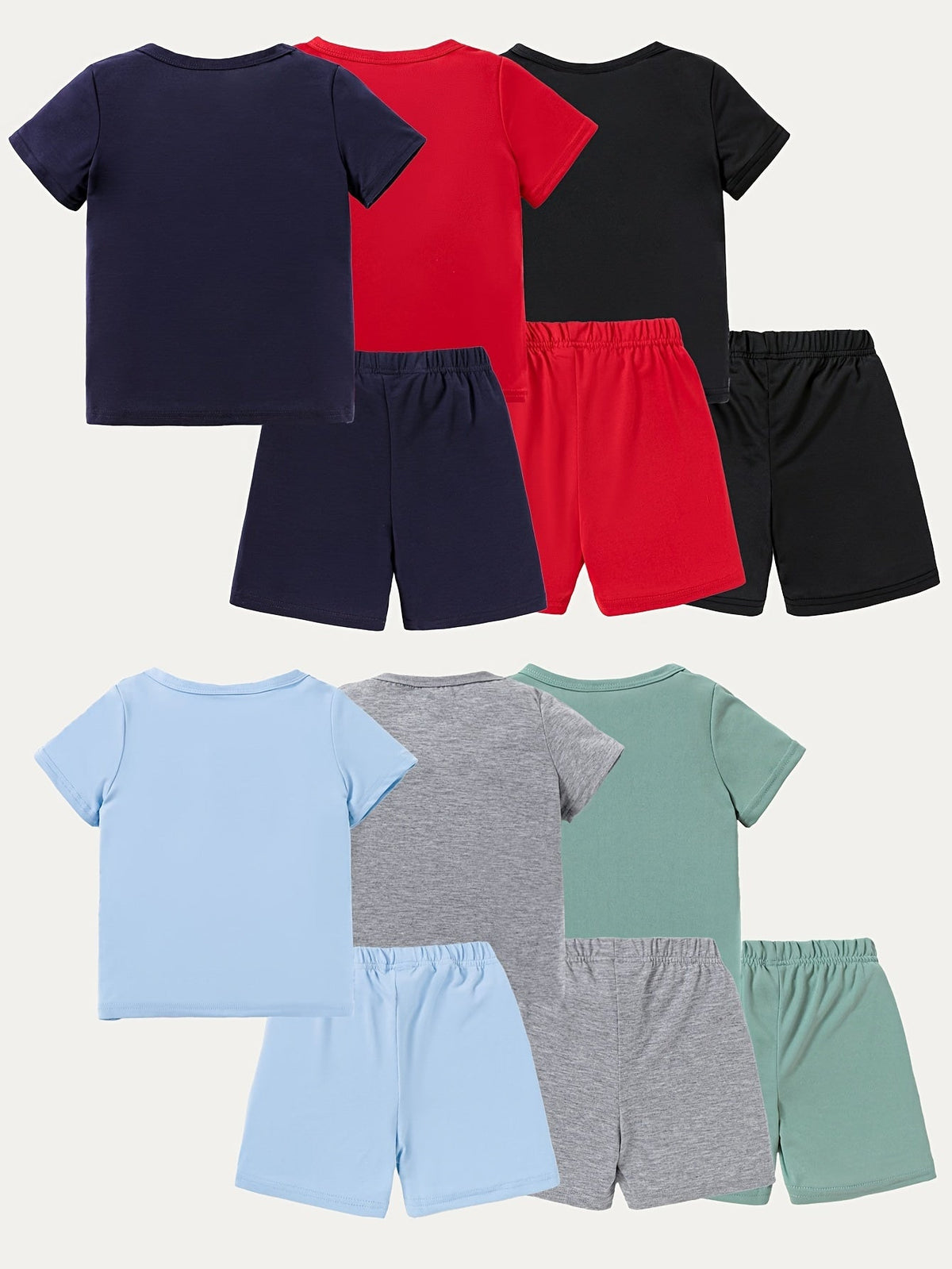 Kids' Twelve-Piece Summer Outfit Set with Six Crew Neck T-Shirts and Six Matching Elastic Waist Shorts
