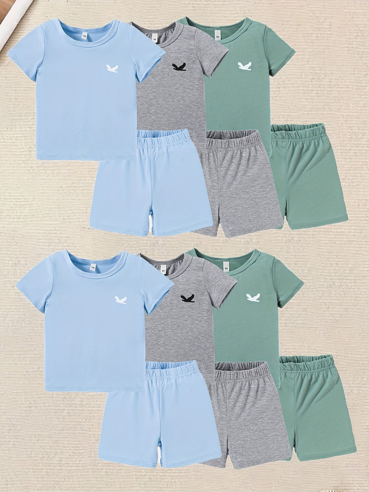 Kids' Twelve-Piece Summer Outfit Set with Six Crew Neck T-Shirts and Six Matching Elastic Waist Shorts