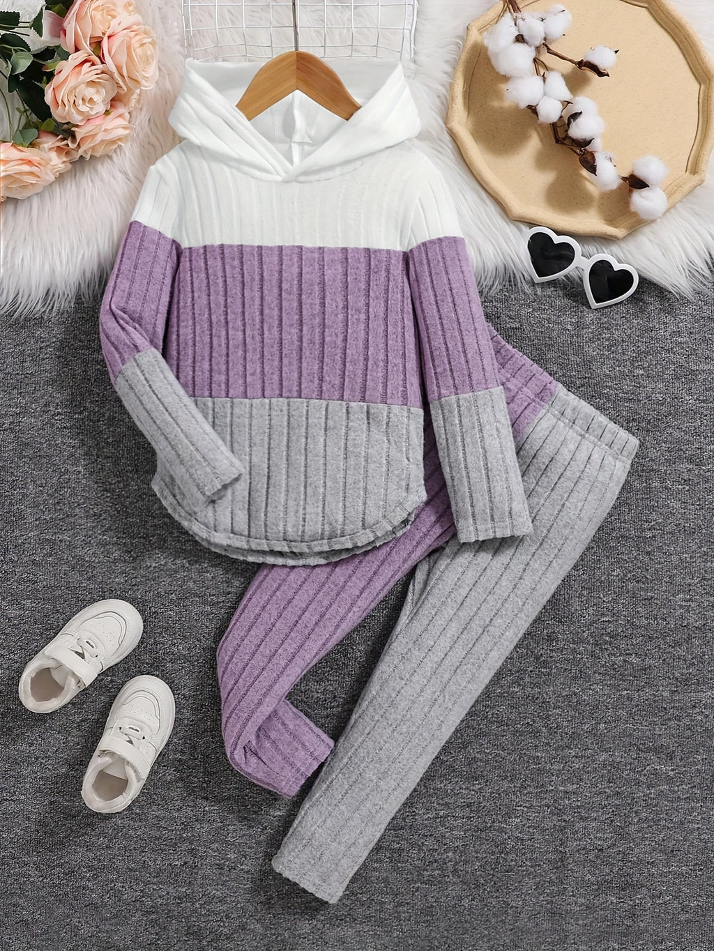 Kids' Ribbed Color Block Hoodie and Pants Set with Long Sleeves for Casual Fall and Winter Outfits
